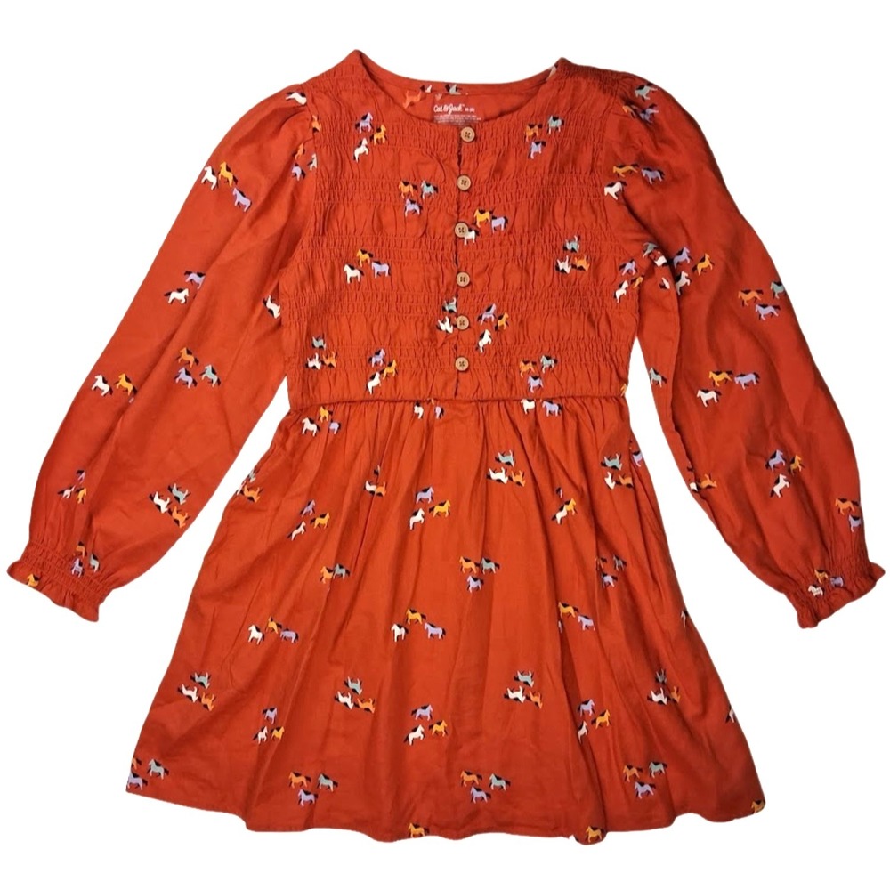 Cat & Jack Horse Girls Dress Sz 8 Rust Orange‎ Long Sleeve Smocked New Rayon